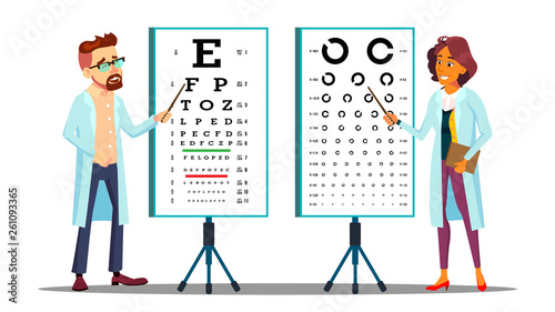 Ophthalmologist Examining Patient Eyesight Vector Characters Set. Ophthalmologists Pointing At Eye Chart Letter, Symbol Isolated Cliparts Pack. Cartoon Optician. Optometrist Check-Up Flat Illustration