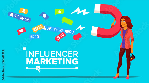 Influencer Digital Marketing Web Banner Vector Template. Influencer Online Targeting Advertising. Social Media Networks Notifications. SMM, Promotional Campaign. Likes, Feedbacks Flat Illustration