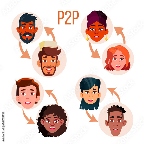 Peer To Peer Social Networking Vector Poster Template. Peer To Peer Web Banner Layout. P2P System Scheme. People Connections Isolated Cliparts Set. Online Collaboration Flat Illustration