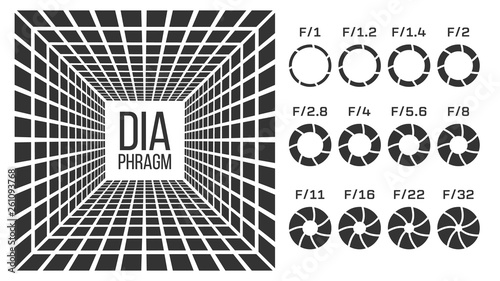 Diaphragm, Lens Aperture Vector Monochrome Banner Template. Diaphragms With F Numbers Icons Set. Camera Shutter Isolated Cliparts Pack. Photography Equipment Focusing 3D Realistic Illustration