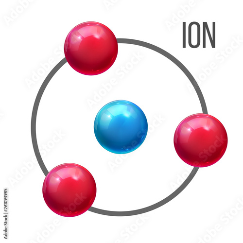 Ion Atom, Molecule Education Vector Poster Template. Positive, Negative Electrical Charge Ion. Electron, Proton, Neutron Clipart. Chemistry Science Banner. Red And Blue Shiny Spheres 3D Illustration photo