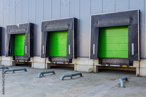 Green loading ramp doors for loading trruck at a distribution center