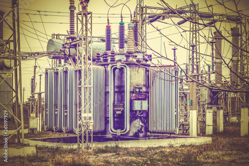 Multi-phase high-voltage transformer of high power at the substation for lighting urban electric circuits. © andov