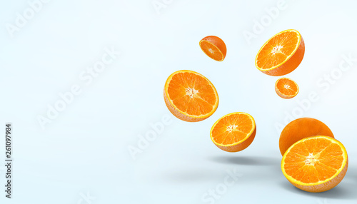 Orange slices fruit fresh Concept Summer - holidays and artwork Creative on pastel blue background - 3d rendering