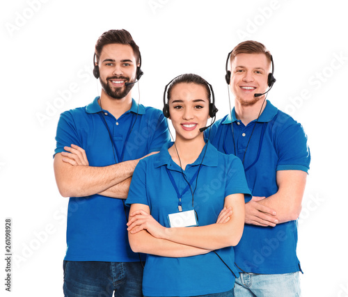 Obraz na płótnie Technical support operators with headsets isolated on white