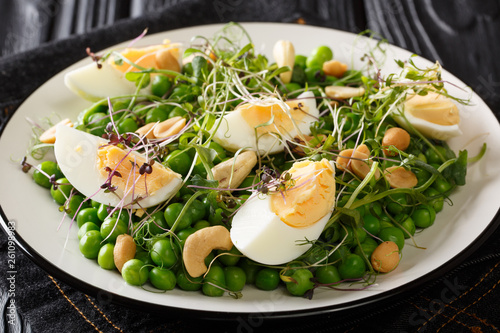 organic vitamin salad of green peas, micro greens, nuts and eggs close-up on a plate. horizontal