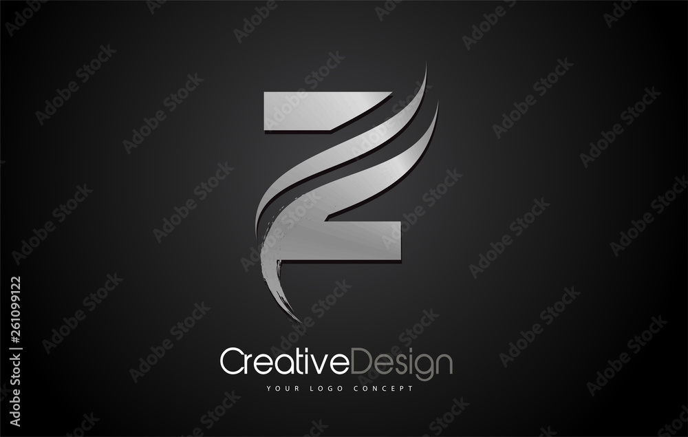 Silver Metal Z Letter Logo Design Brush Paint Stroke Artistic Black Background - obrazy, fototapety, plakaty 