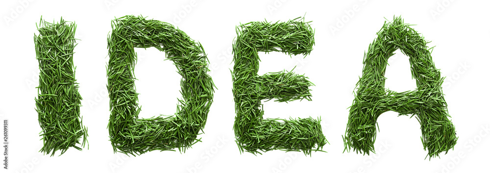 word idea is made from green grass. Isolated on white background. Concept: design, title, text, nature