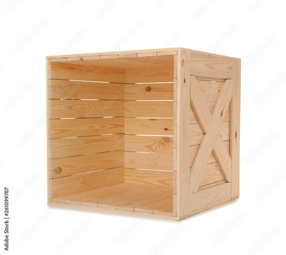 Open new wooden crate isolated on white