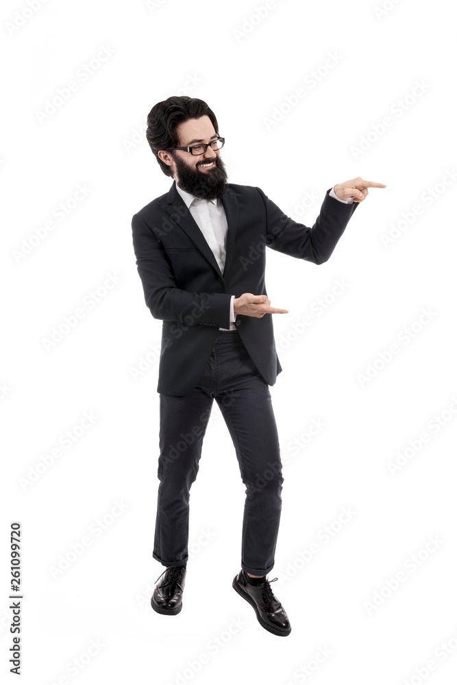 bearded businessman pointing to the side, isolated on white background bearded businessman pointing to the side, isolated on white background