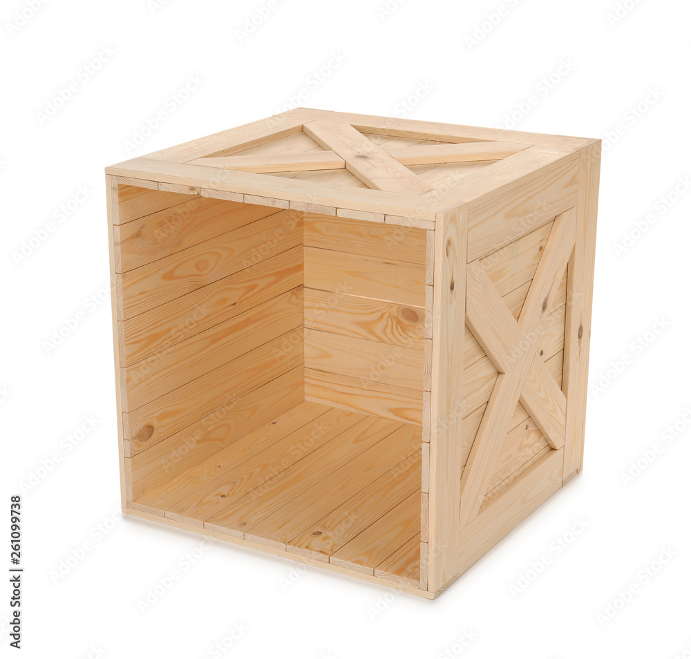 Open new wooden crate isolated on white Open new wooden crate isolated on white