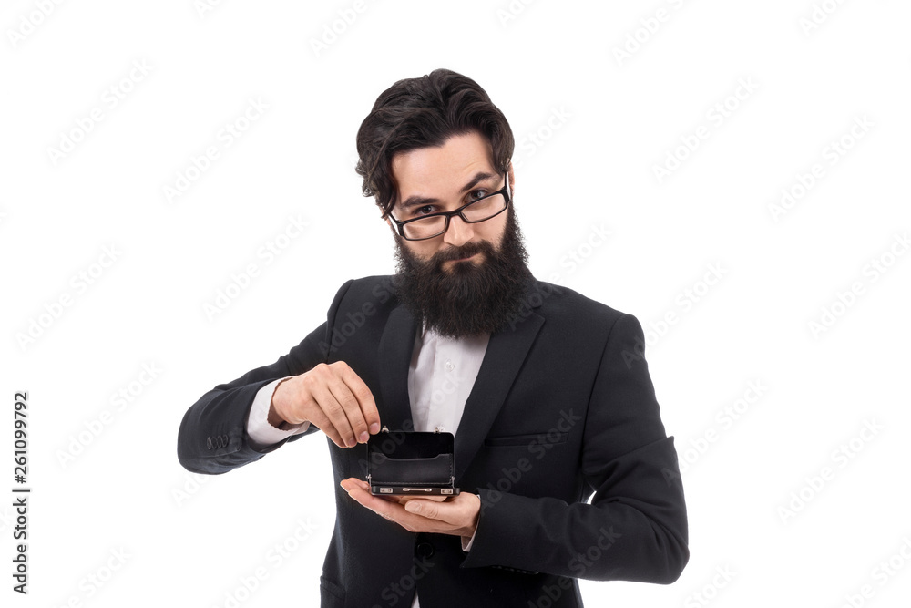 bearded businessman holding an open mini briefcase, isolated on white background, small business concept bearded businessman holding an open mini briefcase, isolated on white background, small business concept