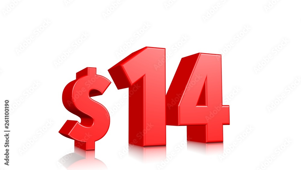 14$ price symbol. red text 3d render with dollar sign on white background 14$ price symbol. red text 3d render with dollar sign on white background