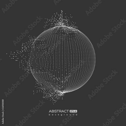 Abstract globe particles sphere with explosion effect. 3d technology digital style. Dark background. Futuristic vector illustration.