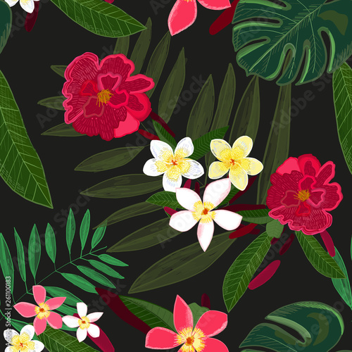 Seamless pattern for textile design. Red tropical flowers. Frangipani. Palm, monstera leaves. Tropical vector seamless floral pattern