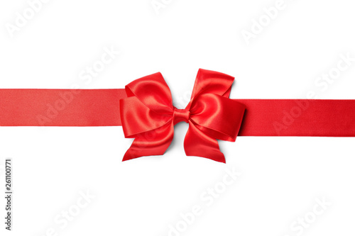Red ribbon with bow on white background. Festive decoration