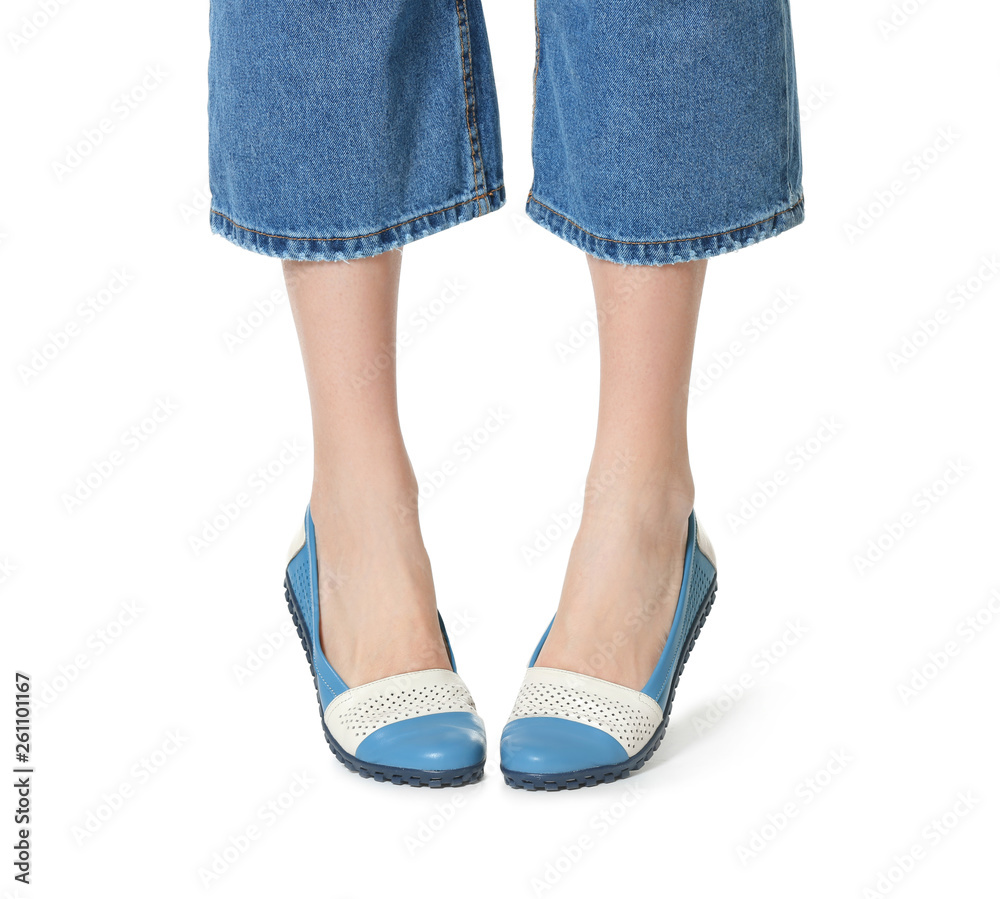 Woman in stylish shoes isolated on white, closeup Woman in stylish shoes isolated on white, closeup