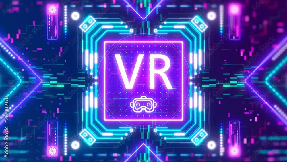 VR gaming symbol logotype. Glow neon colored cyber style animated concept background. Virtual reality sign