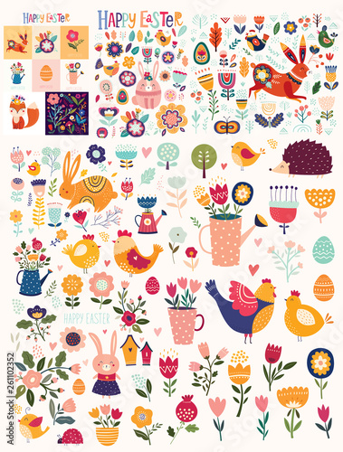 Big collection of flowers, leaves, birds, bunny and spring symbols 