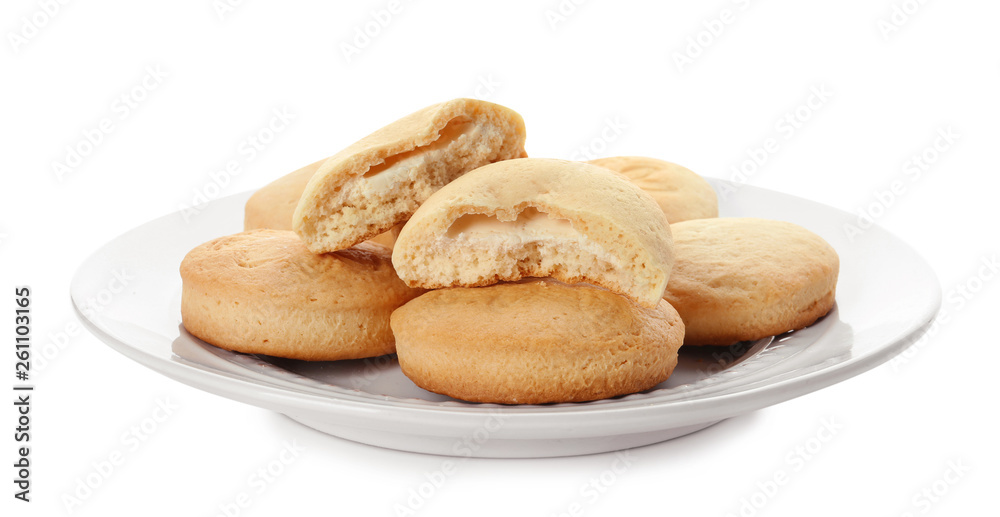 Plate with cookies for Islamic holidays isolated on white. Eid Mubarak