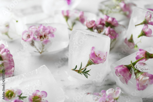 Floral ice cubes on marble table © New Africa