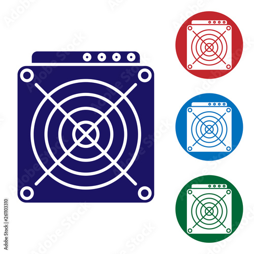 Blue ASIC Miner icon isolated on white background. Cryptocurrency mining equipment and hardware. Application specific integrated circuit. Set color icon in circle buttons. Vector Illustration