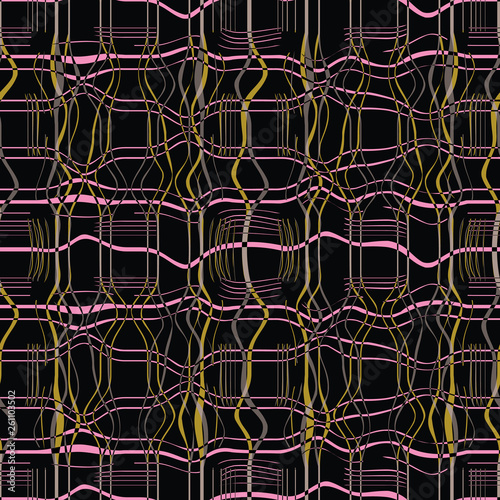 Abstract seamless pattern with marbled stripe shapes in warped plaid arrangement in yellow, pink and olive gold tones.