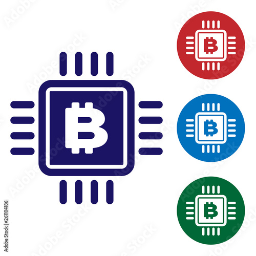 Blue CPU mining farm icon isolated on white background. Bitcoin sign inside microchip. Cryptocurrency mining community. Digital money. Set color icon in circle buttons. Vector Illustration
