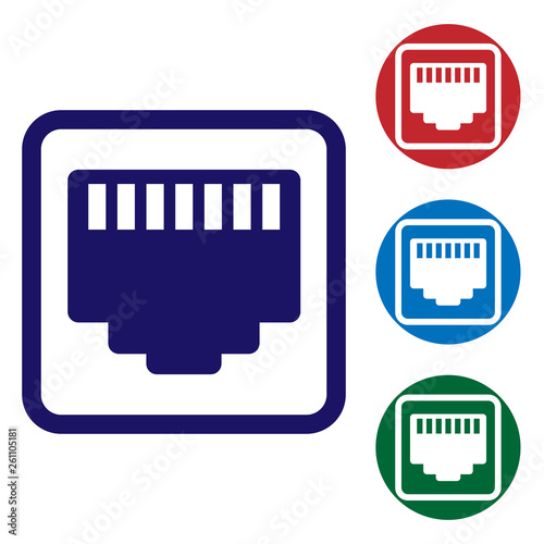 Blue Network port - cable socket icon isolated on white background. LAN, ethernet port sign. Local area connector icon. Set color icon in circle buttons. Vector Illustration