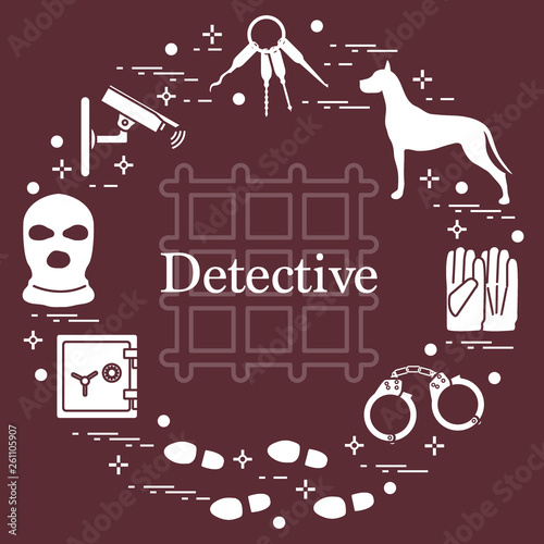 Criminal and detective elements. Crime, law and justice vector icons.