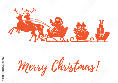 Santa Claus with Christmas presents in sleighs with reindeers. New Year and Christmas illustration.