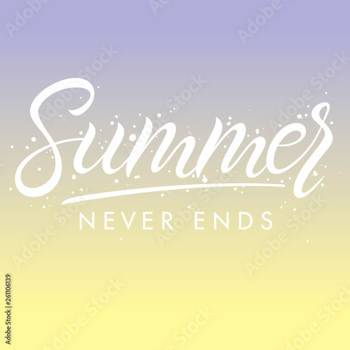 Hand drawn lettering summer with brush stokes on gradient background.Seasons greetings card design perfect for prints, flyers,banners,invitations,special offer and more. Vector summer illustration.