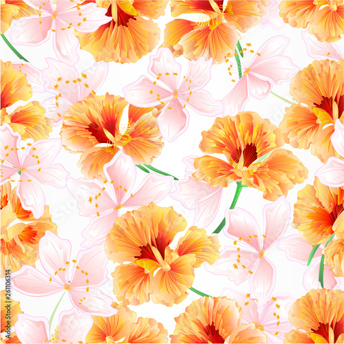 Spring flower watercress and sakura  natural background vintage vector illustration  editable hand draw