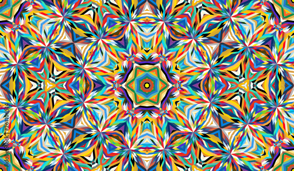 Abstract seamless pattern with kaleidoscope. Bright saturated colors for your design.