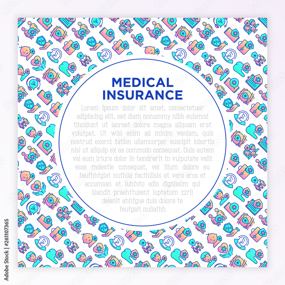 Medical insurance concept with thin line icons: policy, life insurance, maternity program, 24/7 support, mobile app, telemedicine. Modern vector illustration, template for print media, banner. Medical insurance concept with thin line icons: policy, life insurance, maternity program, 24/7 support, mobile app, telemedicine. Modern vector illustration, template for print media, banner.