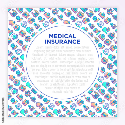Medical insurance concept with thin line icons: policy, life insurance, maternity program, 24/7 support, mobile app, telemedicine. Modern vector illustration, template for print media, banner.