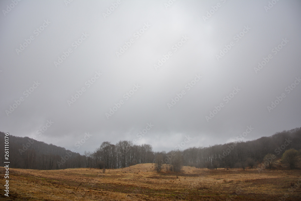 Misty mountains landscape in the morning