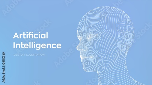 AI. Artificial intelligence concept. Ai digital brain. Abstract digital human face. Human head in robot digital computer interpretation. Robotics concept. Wireframe head concept. Vector illustration.