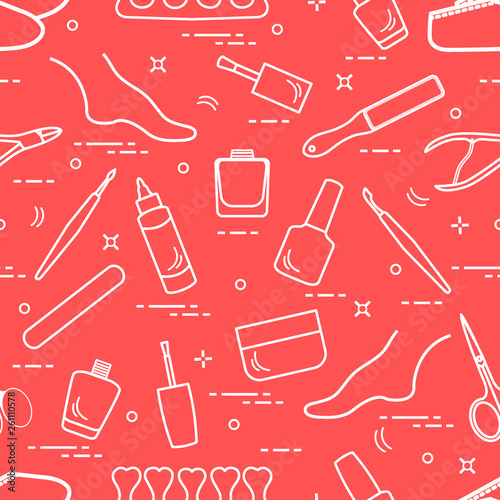 Pattern of manicure and pedicure tools and products for beauty and care.