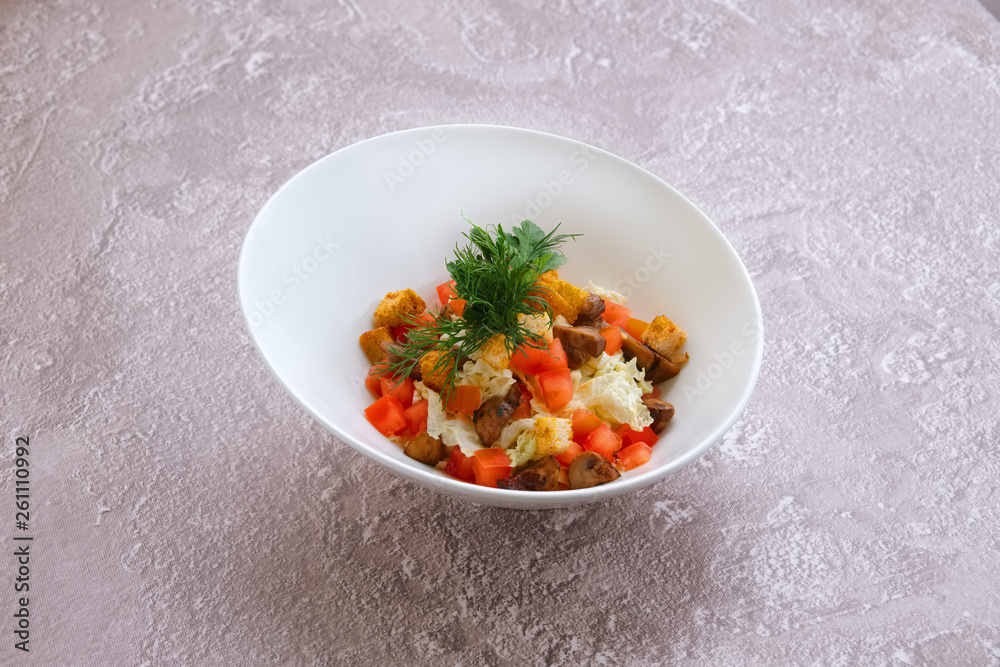 Vegetarian salad with mushrooms, cabbage, tomato and croutons Vegetarian salad with mushrooms, cabbage, tomato and croutons