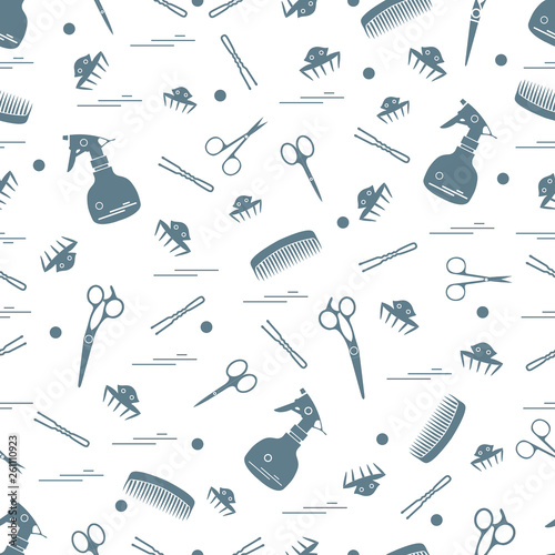 Cute pattern of scissors, combs, hairclip, hairpins and sprayer. For the provision of hairdressing services.