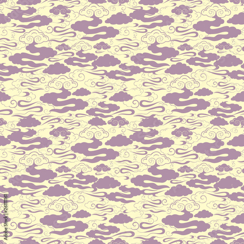 Vector Illustration of stylized, abstract lilac, pink and cream clouds resembling dragon tails. Ideal for fabric, wallpaper and home decor.