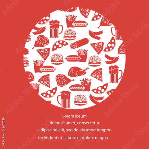 Beer, different types of food and fast food.
