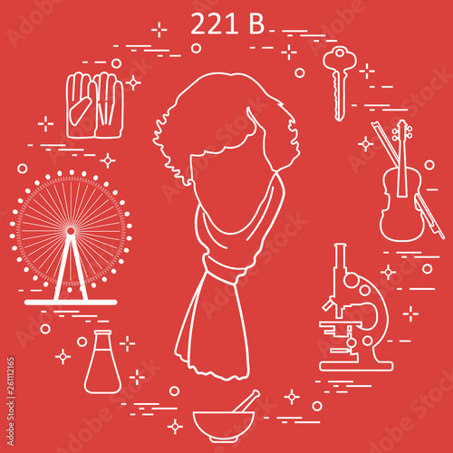 Private detective Sherlock Holmes with variety tools and equipment. The hero of the popular TV series.