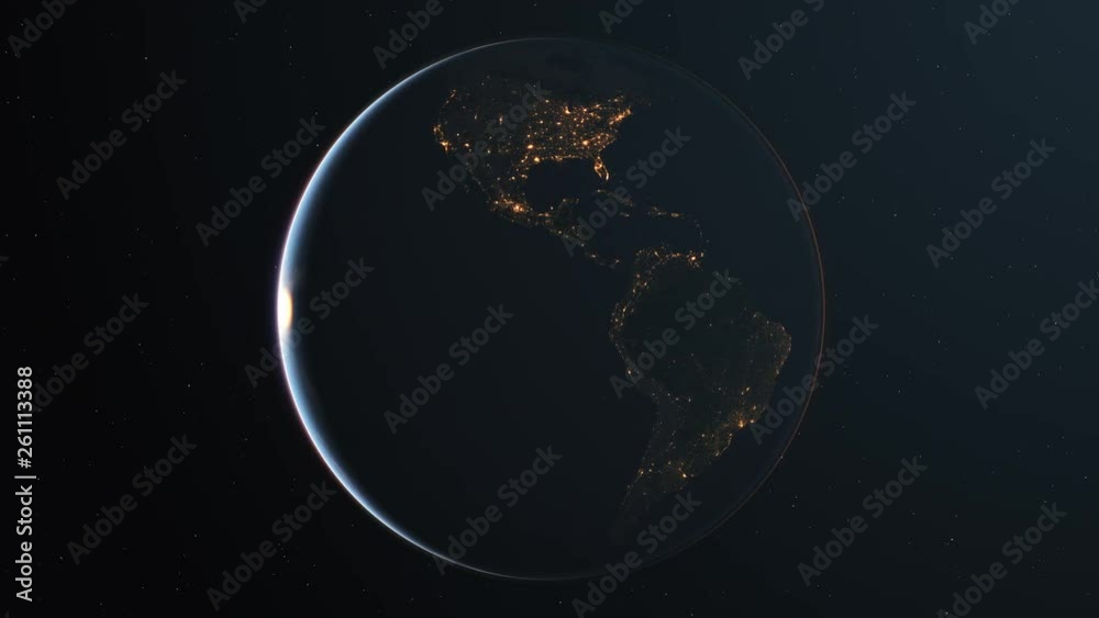 4K Slowly rotating realistic earth from space. Dark side with night lights. Seamless looping. High quality 3d animation. Elements of this image furnished by NASA.