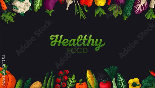 Wide horizontal Healthy food background. Copy space. Variety of decorative vegetables with grain texture on dark background. Farmers market, Organic food poster, cover or banner design. Vector.