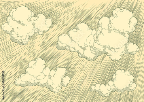 Clouds in the sky. Hand drawn engraving. Editable vector vintage illustration. 8 EPS