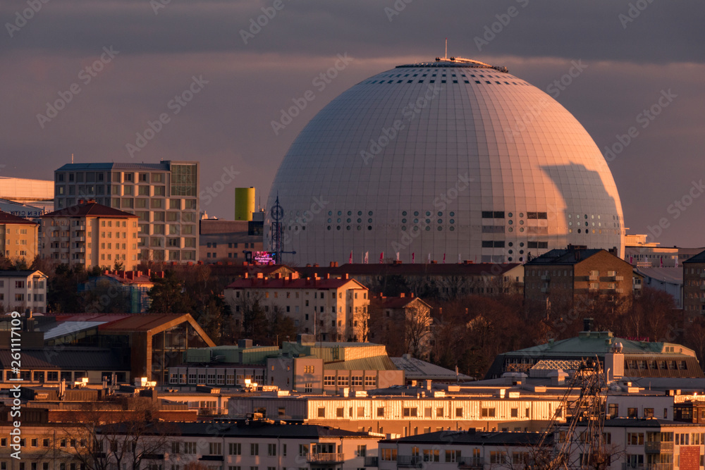 Obraz premium Stockholm, Sweden The Ericsson Globe Arean seen from the Fåfängan promontory above town.