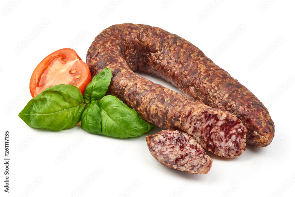 Dried pork sausage, smoked meat, close-up, isolated on white background