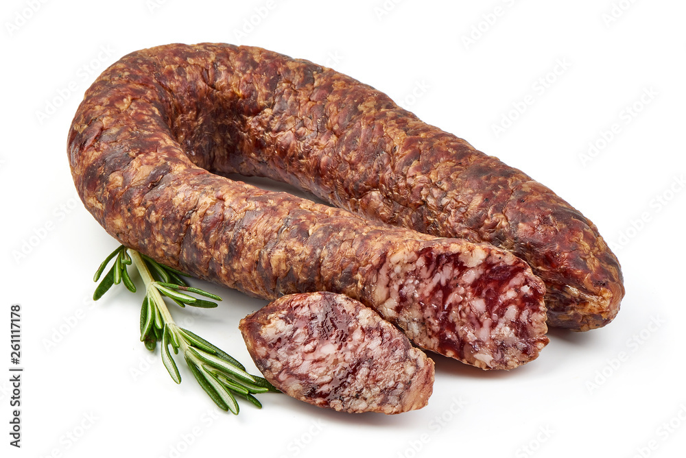 Smoked salami sausage, dried meat, close-up, isolated on white background Smoked salami sausage, dried meat, close-up, isolated on white background